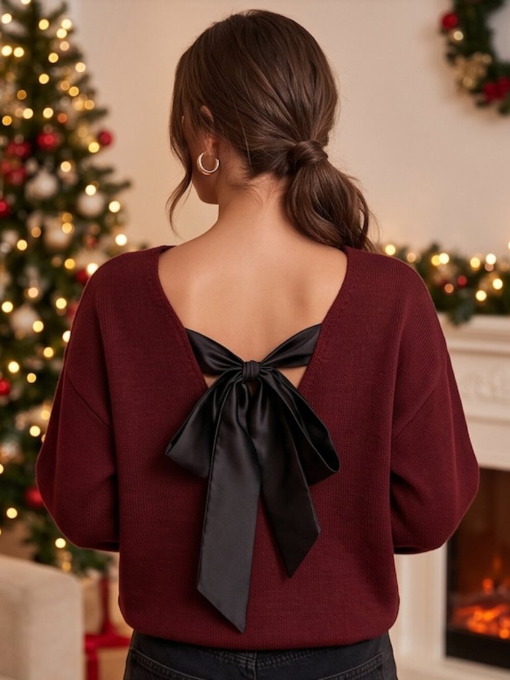 Burgundy Backless Bow Tie Knit Sweater